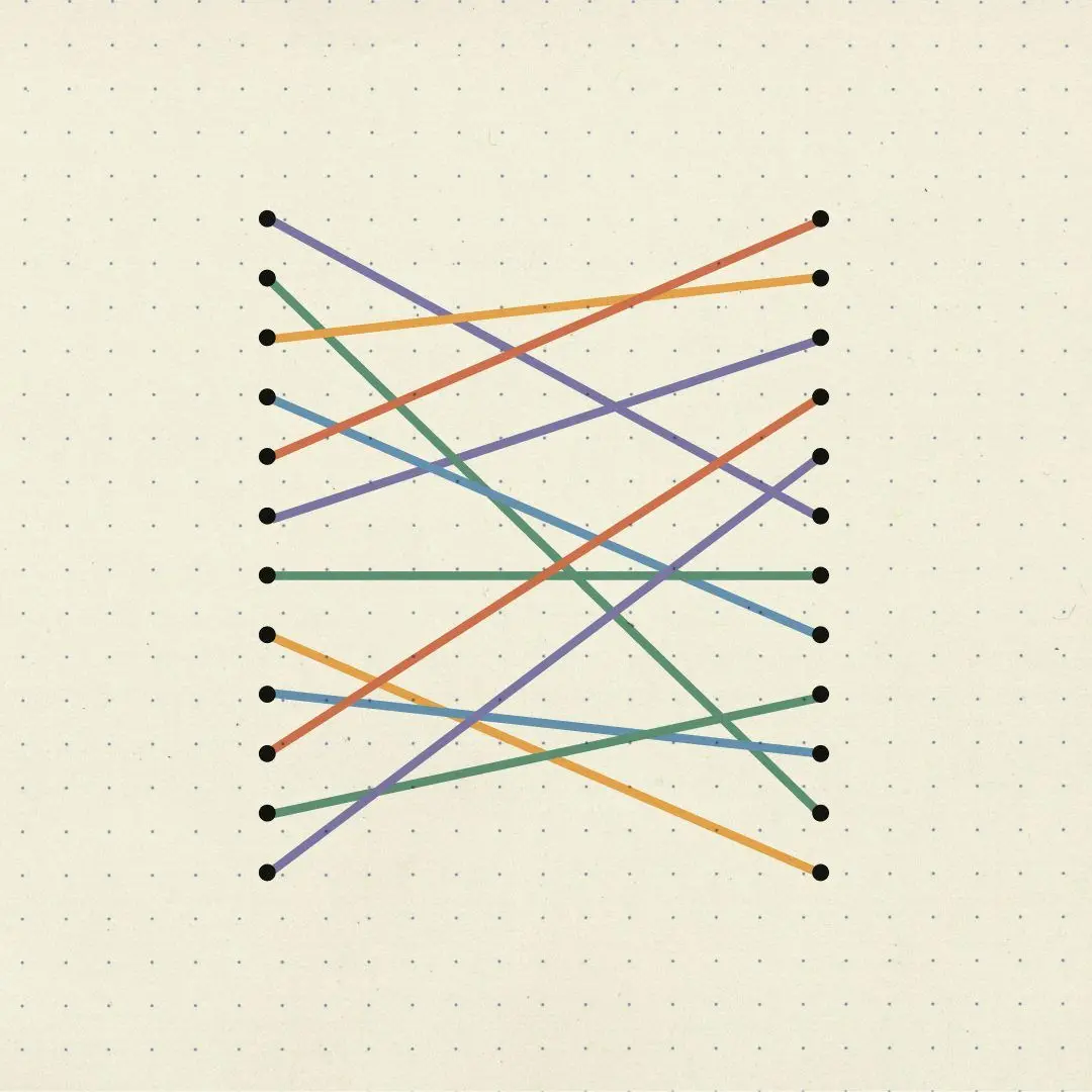 Two-panel illustration: on a dark background, five colored bars resembling books on a shelf; on dotted paper, two columns of dots joined by crisscrossing colored lines, like a matching diagram pairing people with books.