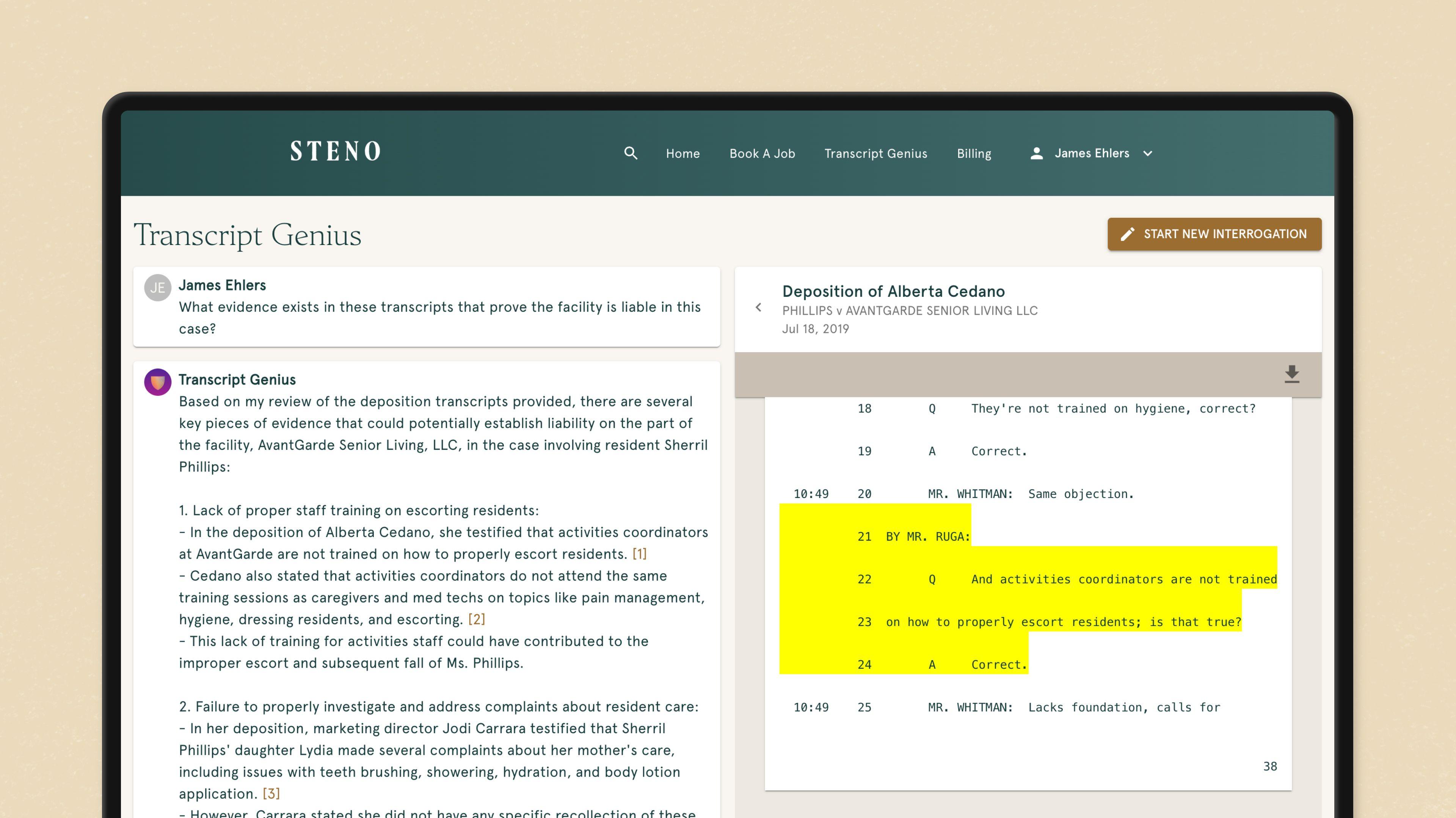 App screen of the Steno platform