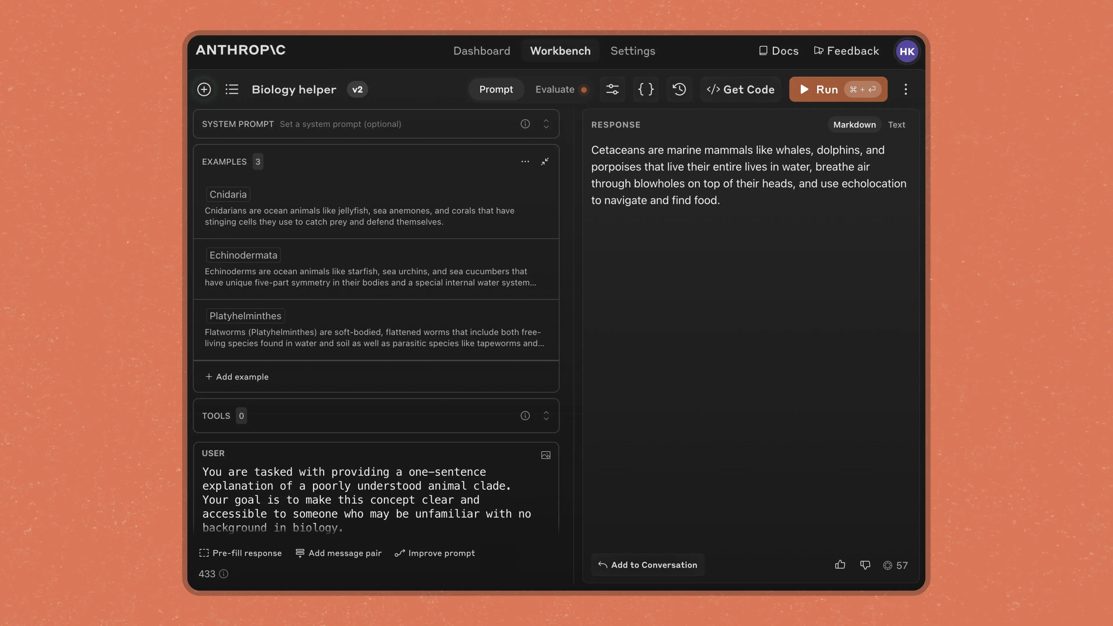 A visual of the Anthropic Console showing examples for a prompt.