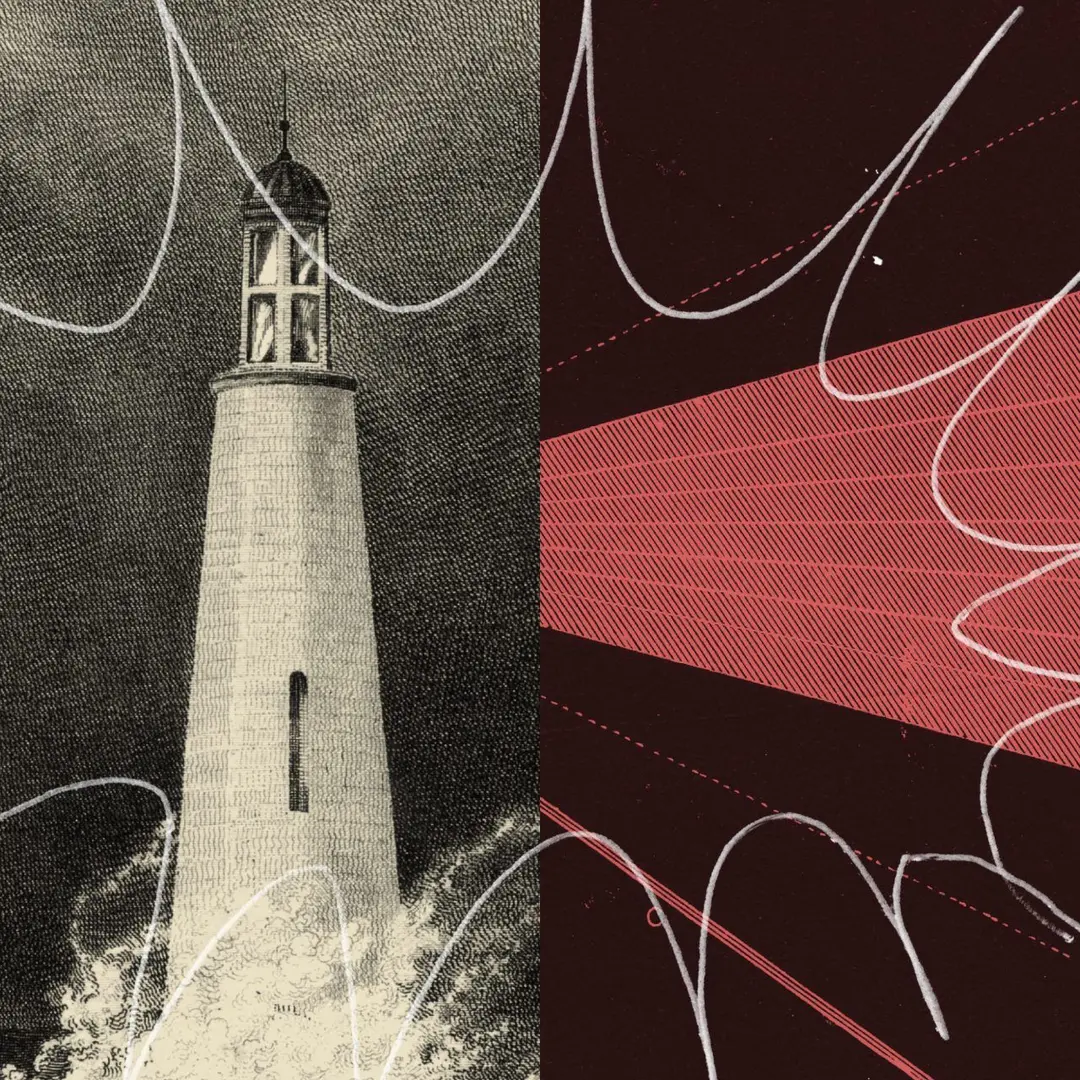 Lighthouse on textured gray background next to abstract red and dark curved lines with dotted dashes on right side.
