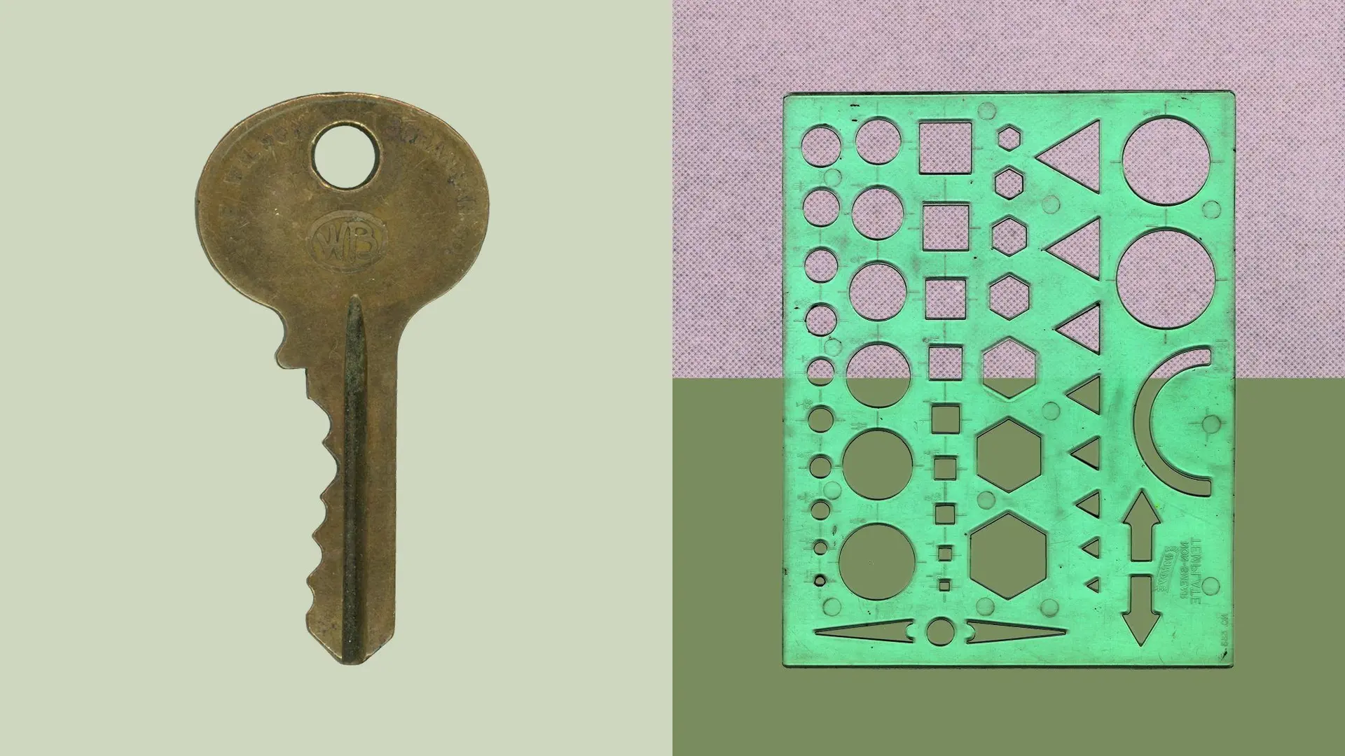 A brass key on green grid paper beside a green drafting stencil of cut-out shapes on a coral background.