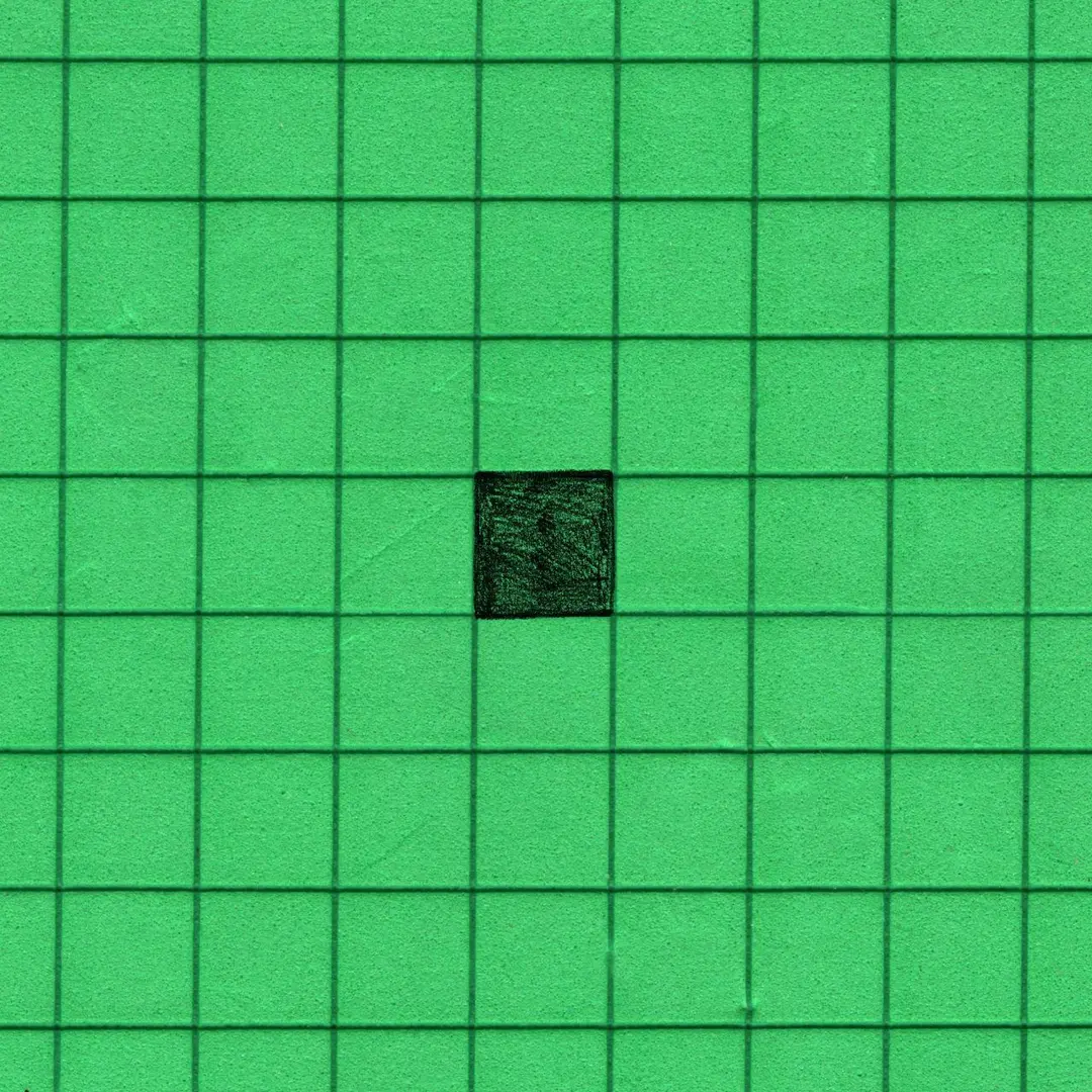 A bright green grid with one small dark square embedded in the green grid.