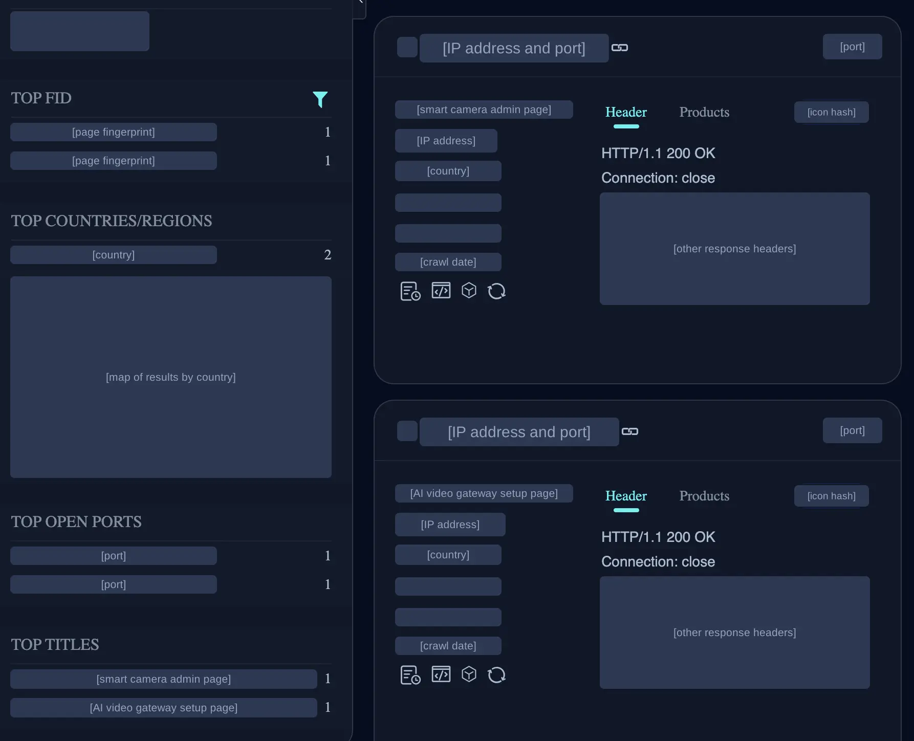 Screenshot of a device search engine’s results page. Identifying details are covered, some by labels such as ‘smart camera admin page’.
