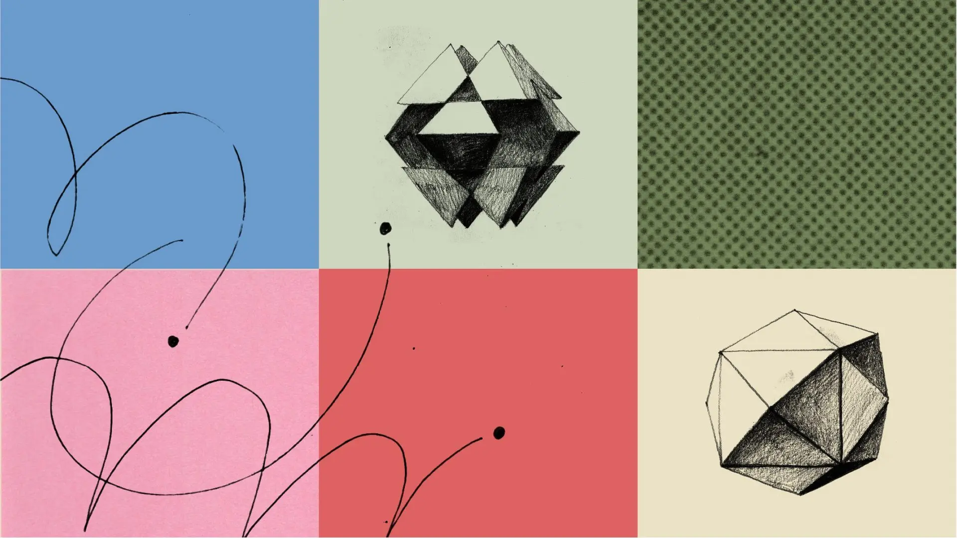 Six colored panels containing geometric line drawings and abstract shapes including diamonds, polyhedra, and curved lines with dots.
