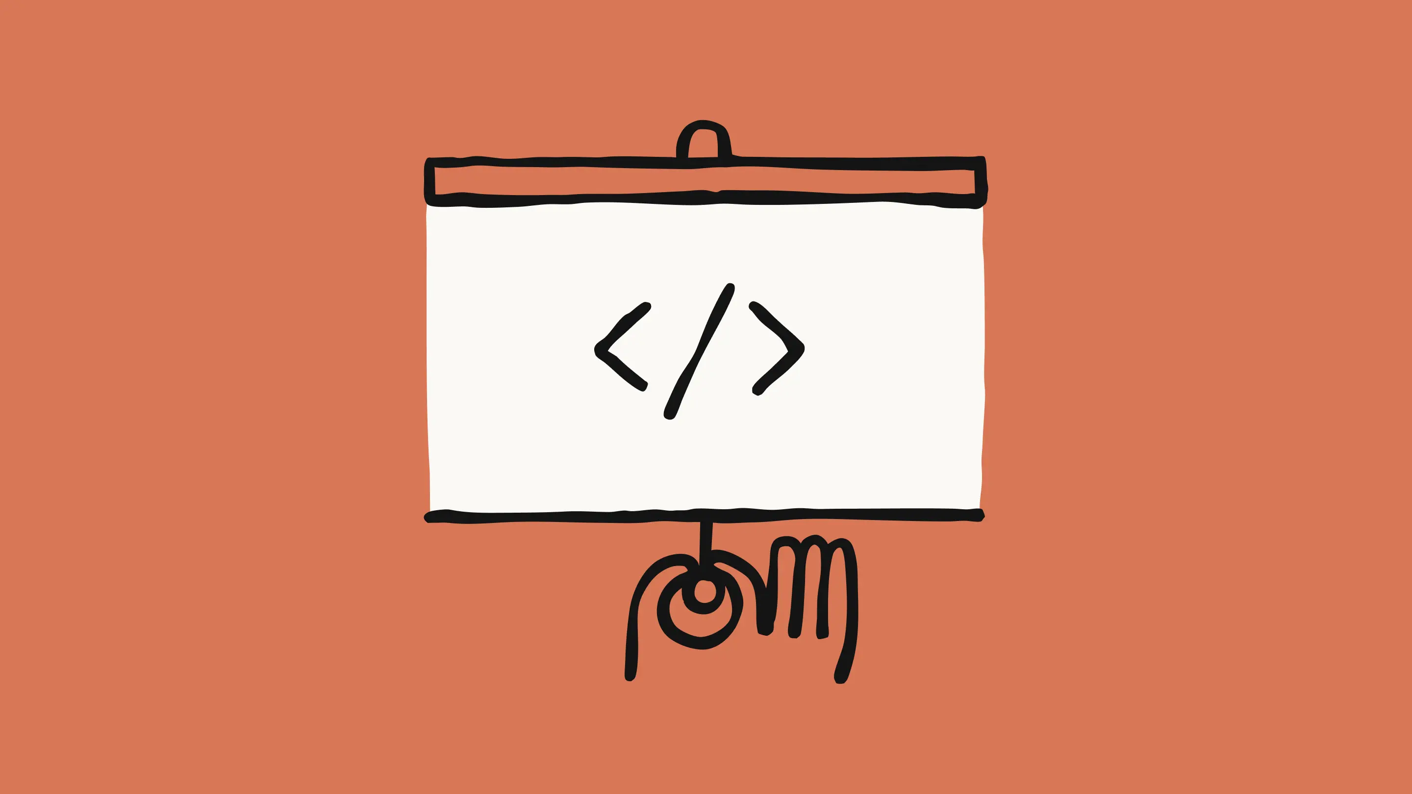 An abstract hand pulling down a screen with coding brackets on it