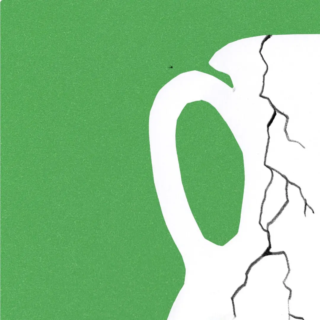White abstract face profile with cracked lines on the right side against a green background.