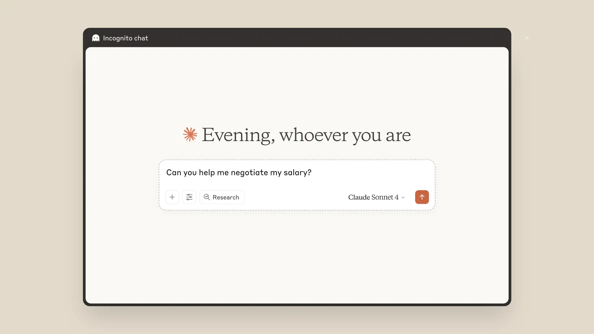 A Claude chat interface in Incognito mode, indicated by a ghost icon and "Incognito chat" label in the dark header bar