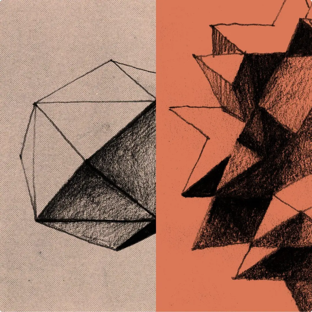 Two sketches of geometric solids: a faceted polyhedron on pink paper beside a dense cluster of spiked forms in charcoal on orange.