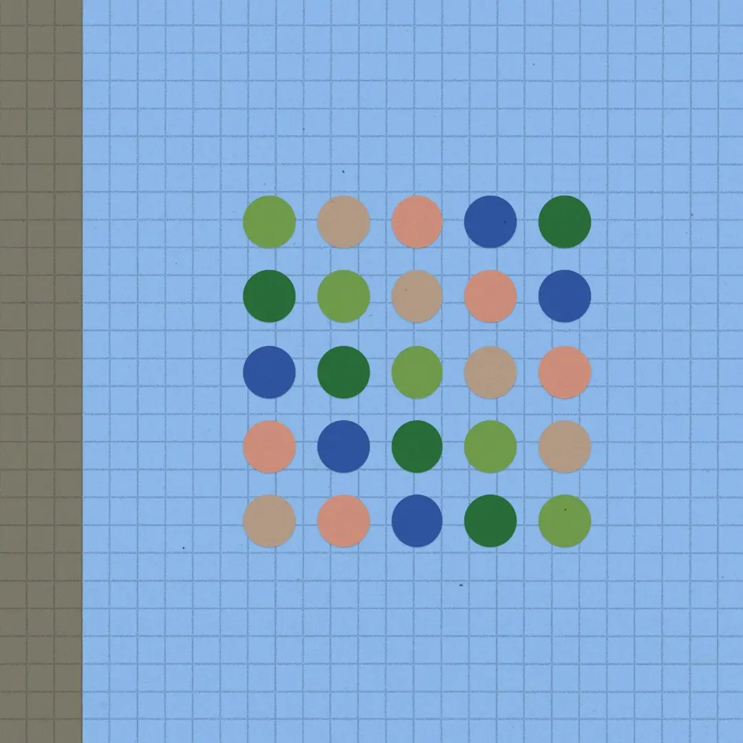 Orderly five-by-five grid on blue grid paper at right.