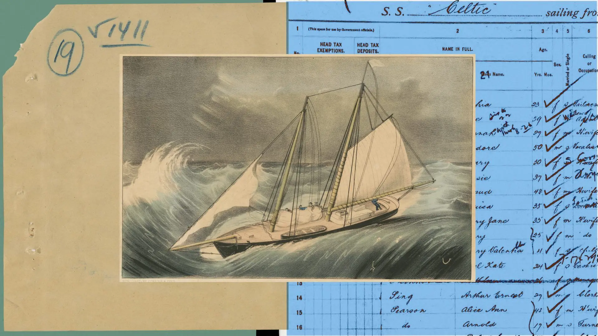 Collage of a vintage lithograph of a schooner heeling in a stormy sea, layered over an aged paper folder and a blue-tinted handwritten ship passenger list.