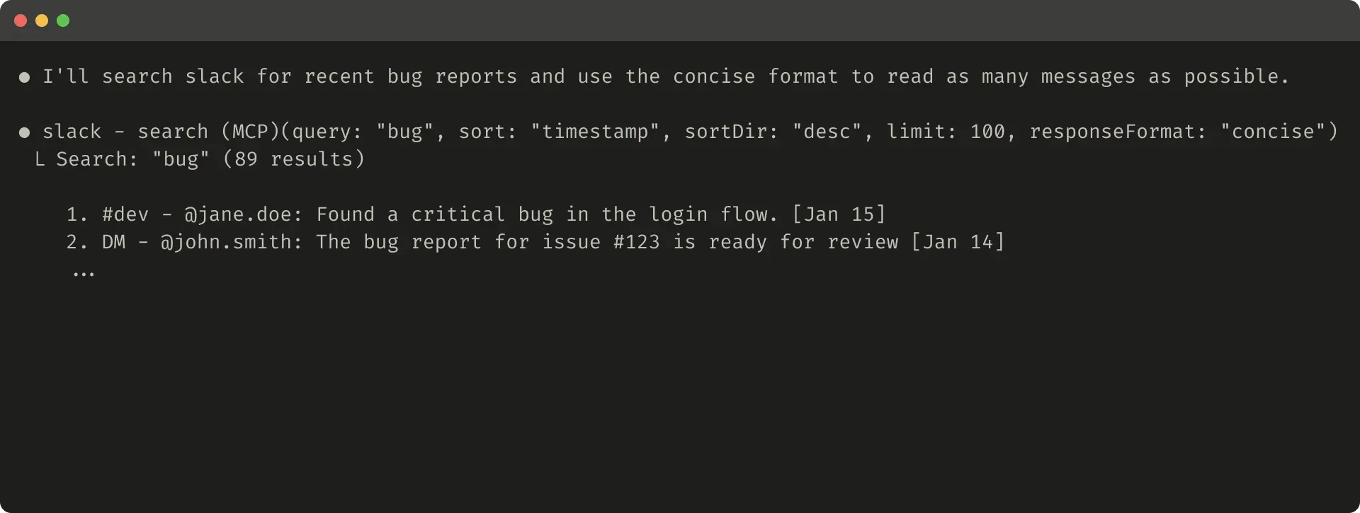 This code snippet depicts a concise tool response.