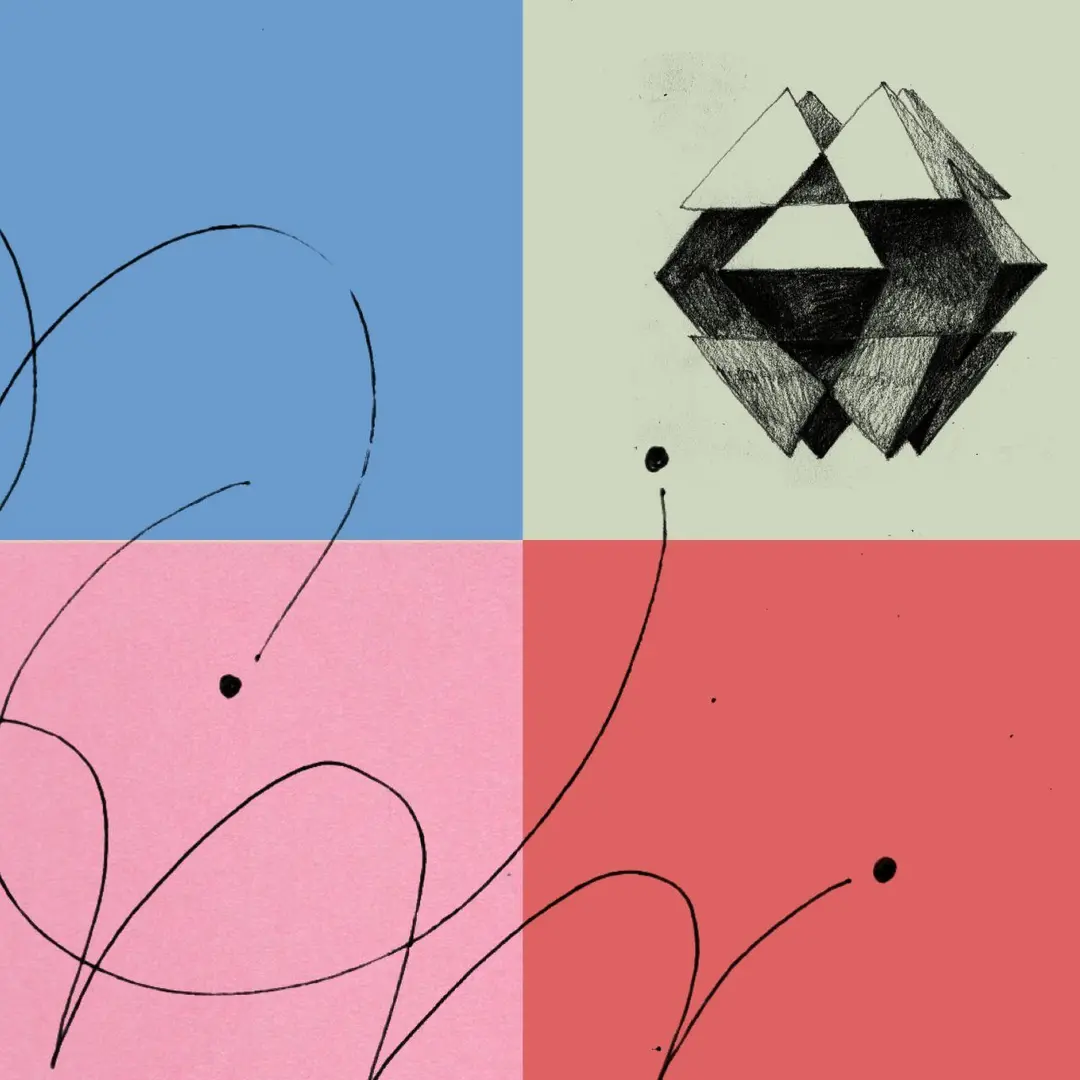 Four colored panels containing geometric line drawings and abstract shapes including a polyhedra and curved lines with dots.